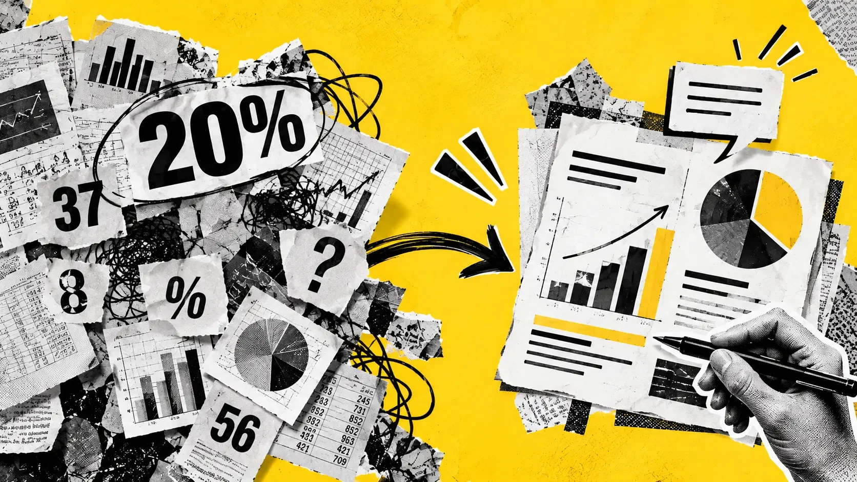 Papierowy kolaż przedstawiający liczby, wykresy i raporty symbolizujące data storytelling na żółtym tle